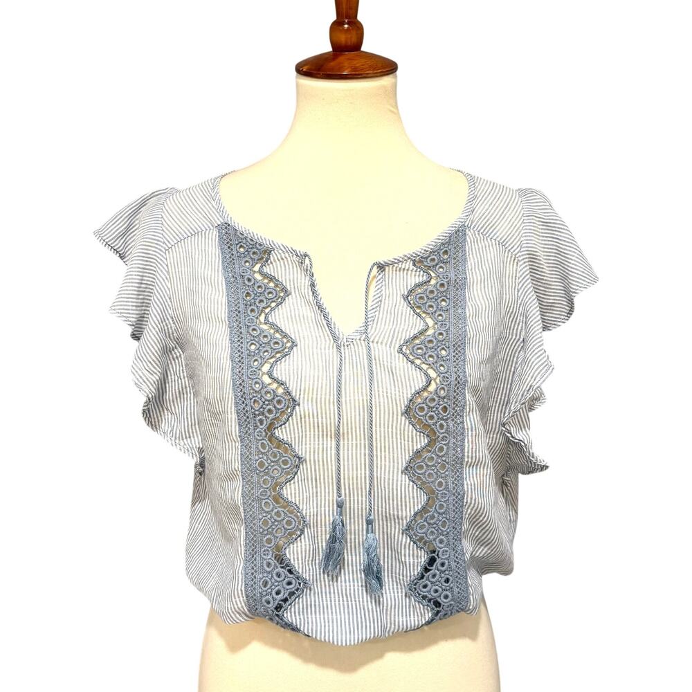 Boho Anthro Style Blue White Striped Tassel Tie Neck Flutter Sleeve Top, Size S